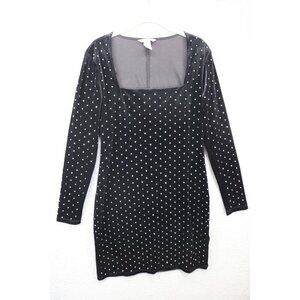 H & M Long Sleeve Black Velvet Studded Dress-Large-Whimsigoth